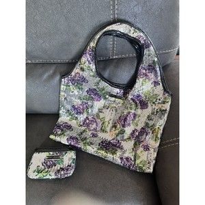 RARE VINTAGE Betsey Johnson Silver Purple Floral Sequin Tote/Handbag Purse Set